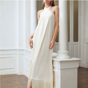 IVORY PREPPY WOMENS FRINGE HEM CROSS HALTER DRESS